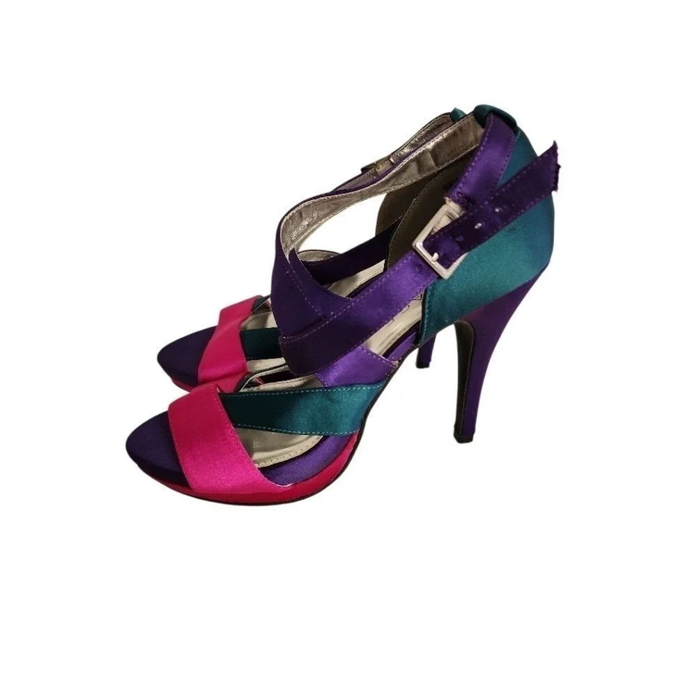 Rampage Genova Heels Women 8.5 Multicolor Colorblock Satin Stiletto Party Bold